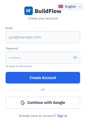 Schermata di creazione dell'account